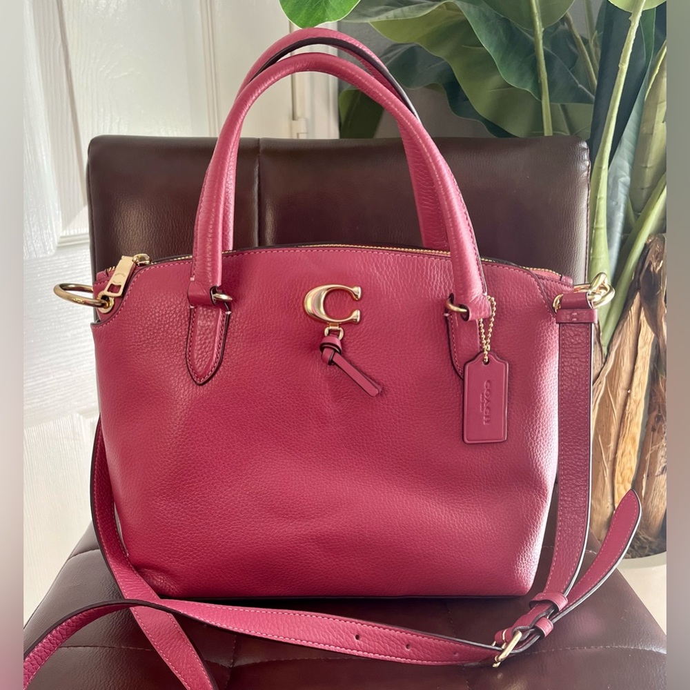 COACH REMI PINK RED PEBBLED LEATHER GOLD C TOP ZIP CROSSBODY SATCHEL BAG